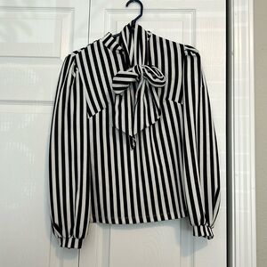 Mock neck black and white striped blouse